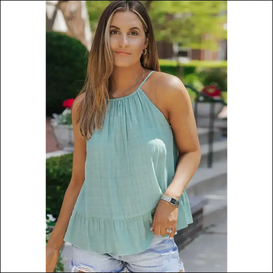 Chic Round Neck Tied Peplum Cami - Gum Leaf / s - Tank Tops on Sale Worldwide Shipping