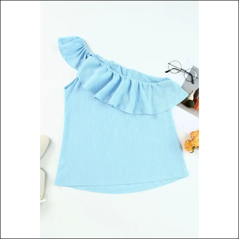 Chic Ruffled One-shoulder Tank - Aruba Blue / s - Tops on Sale Worldwide Shipping
