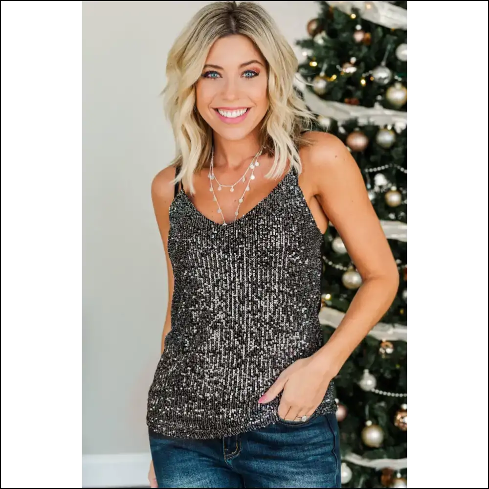 Chic Sequin Cami Top for Women - Gray / m - Tank Tops on Sale Worldwide Shipping