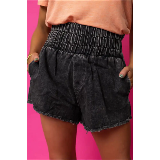 Chic Smocked High Waist Mineral Washed Denim Shorts - Black / 14 - on Sale Worldwide Shipping