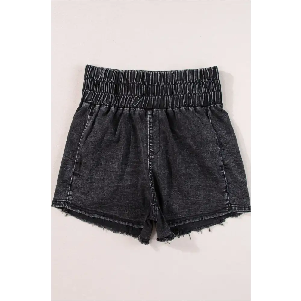 Chic Smocked High Waist Mineral Washed Denim Shorts - on Sale Worldwide Shipping