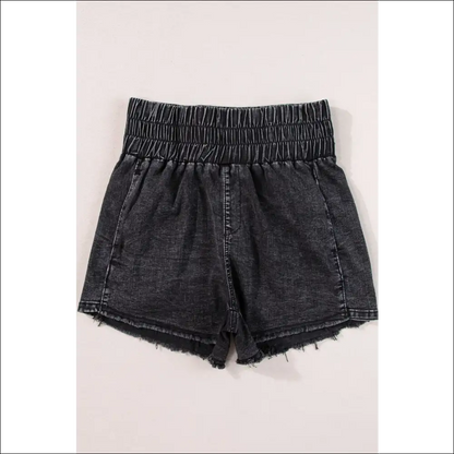 Chic Smocked High Waist Mineral Washed Denim Shorts - on Sale Worldwide Shipping