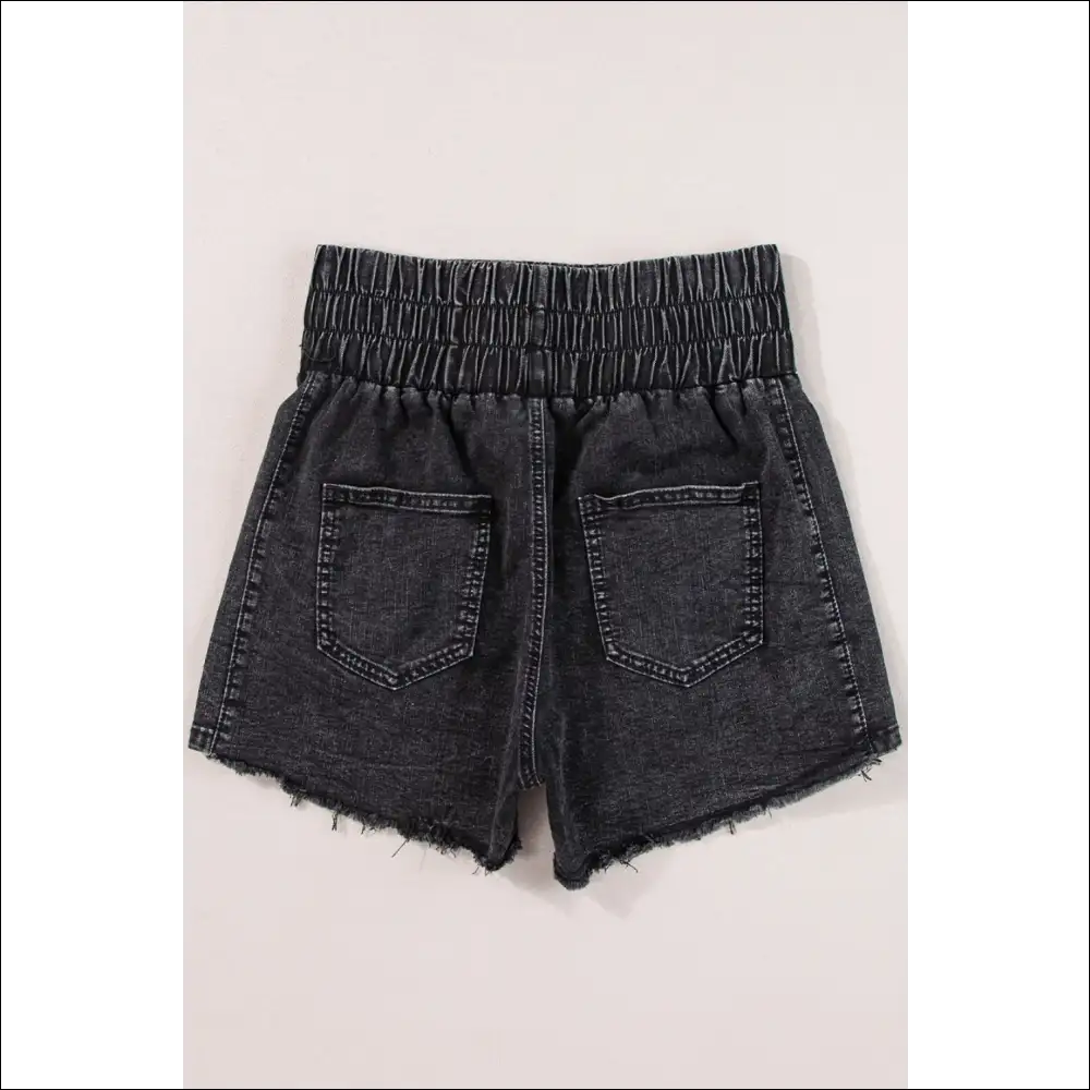 Chic Smocked High Waist Mineral Washed Denim Shorts - on Sale Worldwide Shipping