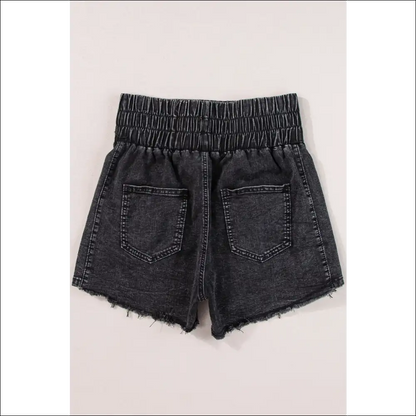 Chic Smocked High Waist Mineral Washed Denim Shorts - on Sale Worldwide Shipping