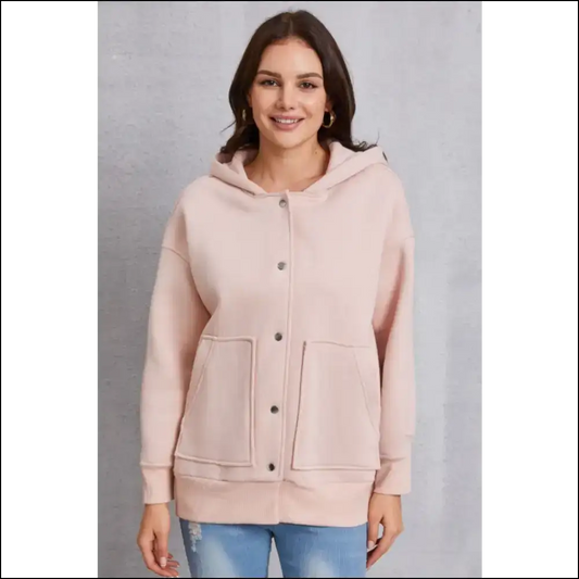 Chic Snap Down Dropped Shoulder Hoodie - Pink / l - Hoodies Sweatshirts & on Sale Worldwide Shipping