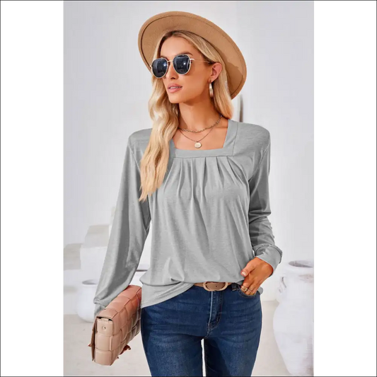 Chic Square Neck Ruched Long Sleeve Blouse - Light Gray / s - Blouses on Sale Worldwide Shipping