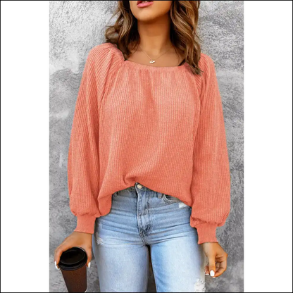 Chic Square Neck Waffle-knit Top - Coral / m - Blouses on Sale Worldwide Shipping