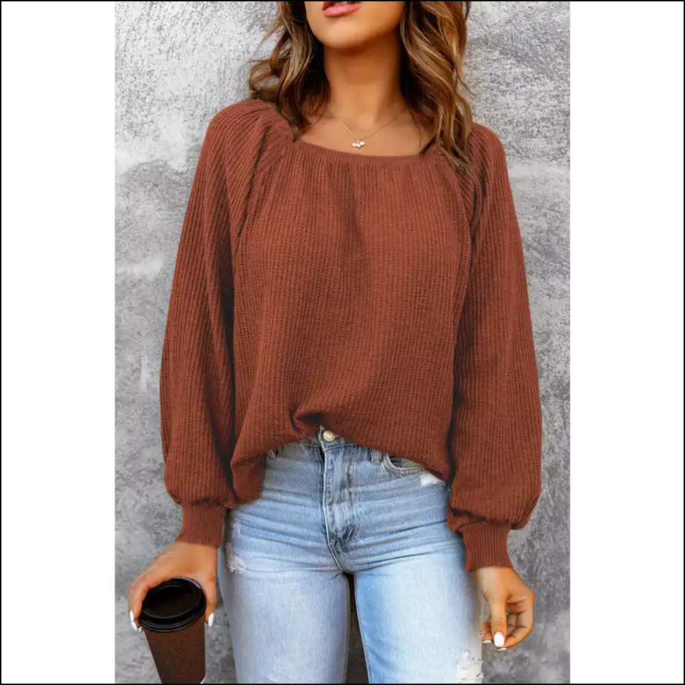 Chic Square Neck Waffle-knit Top - Dusty Red / s - Blouses on Sale Worldwide Shipping