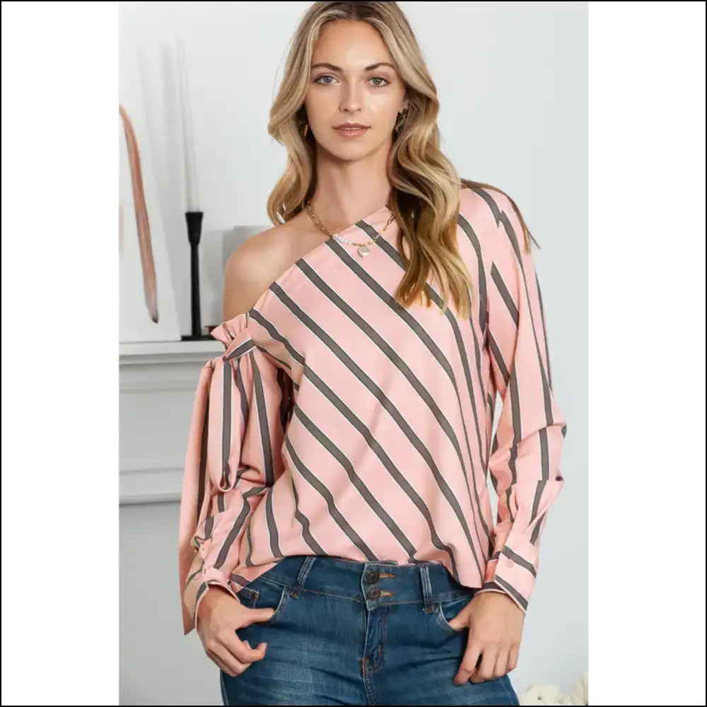 Chic Striped Asymmetrical Long Sleeve Blouse - Dusty Pink / s - Blouses on Sale Worldwide Shipping