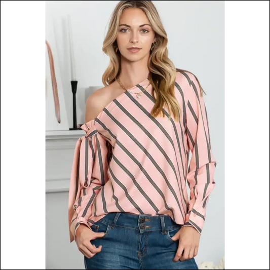Chic Striped Asymmetrical Long Sleeve Blouse - Dusty Pink / s - Blouses on Sale Worldwide Shipping