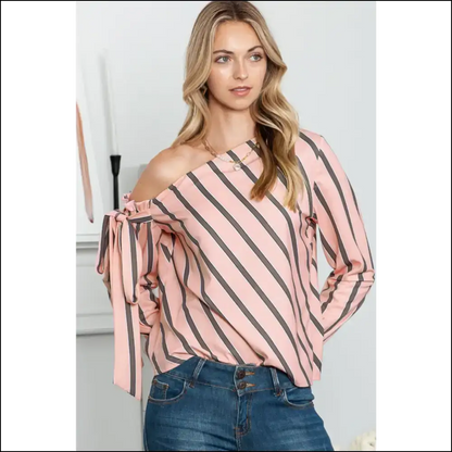 Chic Striped Asymmetrical Long Sleeve Blouse - Blouses on Sale Worldwide Shipping