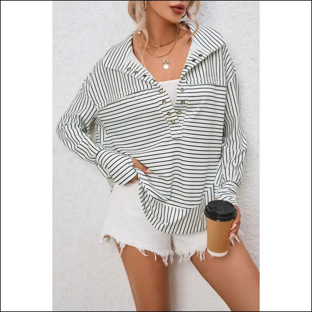 Chic Striped Collared Top for Women - White / Xl - Blouses on Sale Worldwide Shipping