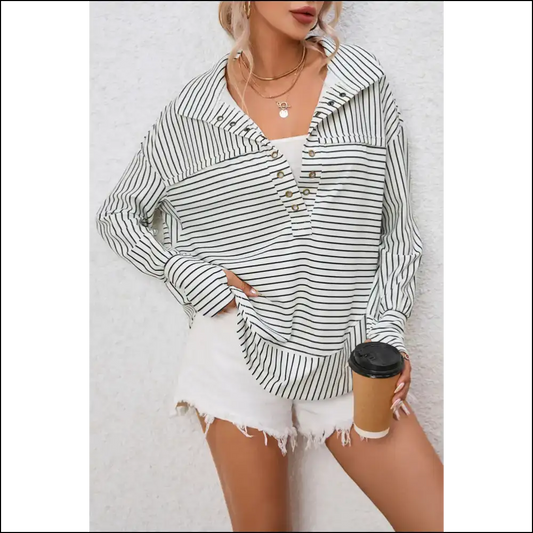 Chic Striped Collared Top for Women - White / Xl - Blouses on Sale Worldwide Shipping