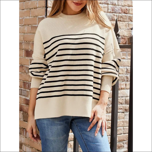 Chic Striped Round Neck Long Sleeve Sweatshirt - Tan / s - Sweatshirts & Hoodies on Sale Worldwide Shipping