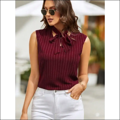 Chic Striped Tie Neck Tank - Burgundy / Xs - Tops on Sale Worldwide Shipping