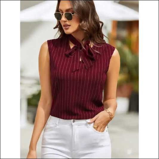 Chic Striped Tie Neck Tank - Burgundy / Xs - Tops on Sale Worldwide Shipping
