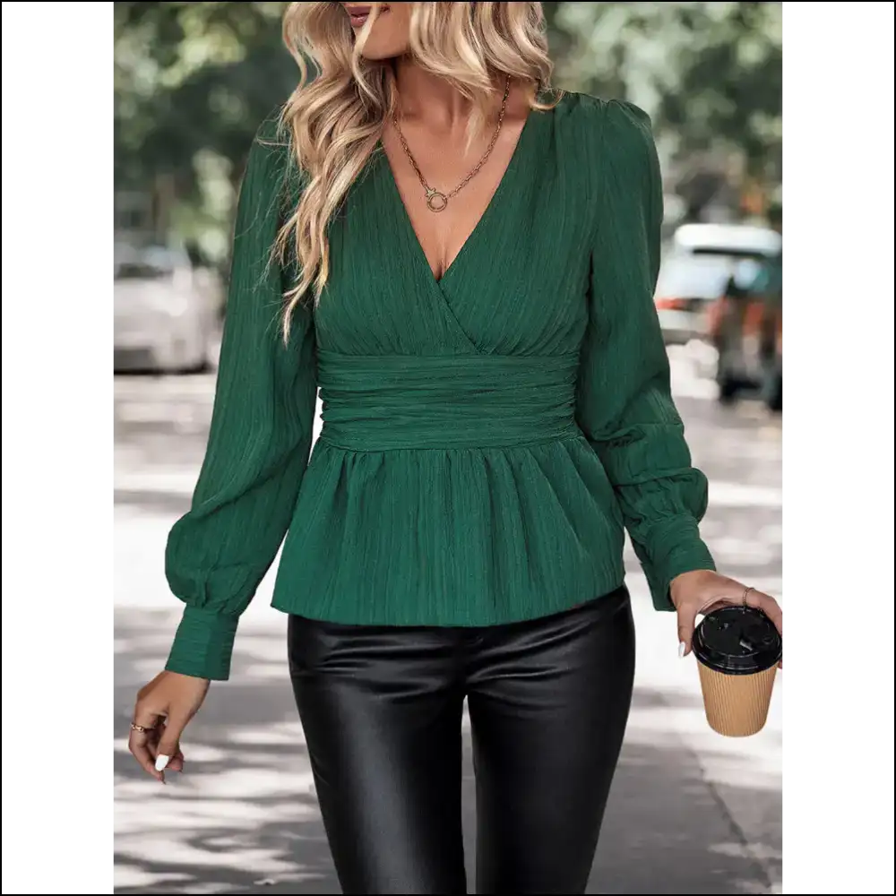 Chic Surplice Neck Long Sleeve Peplum Top - Blouses on Sale Worldwide Shipping