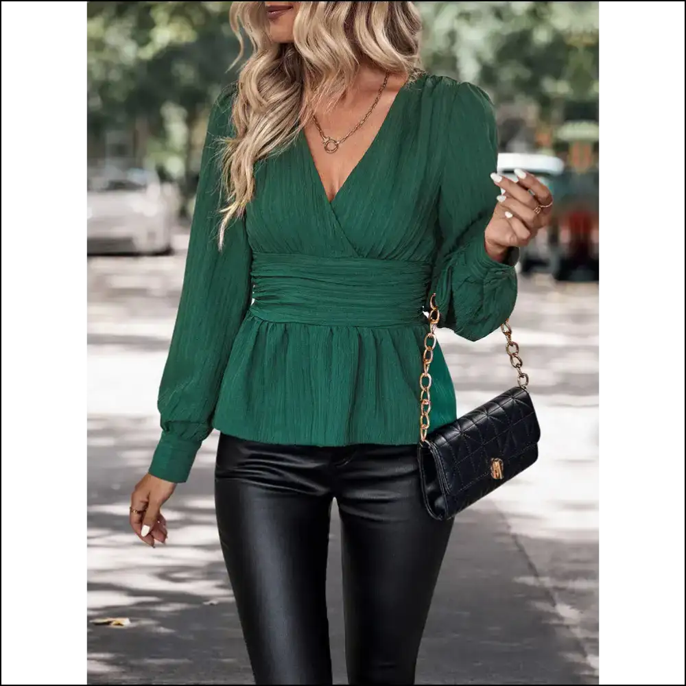 Chic Surplice Neck Long Sleeve Peplum Top - Blouses on Sale Worldwide Shipping
