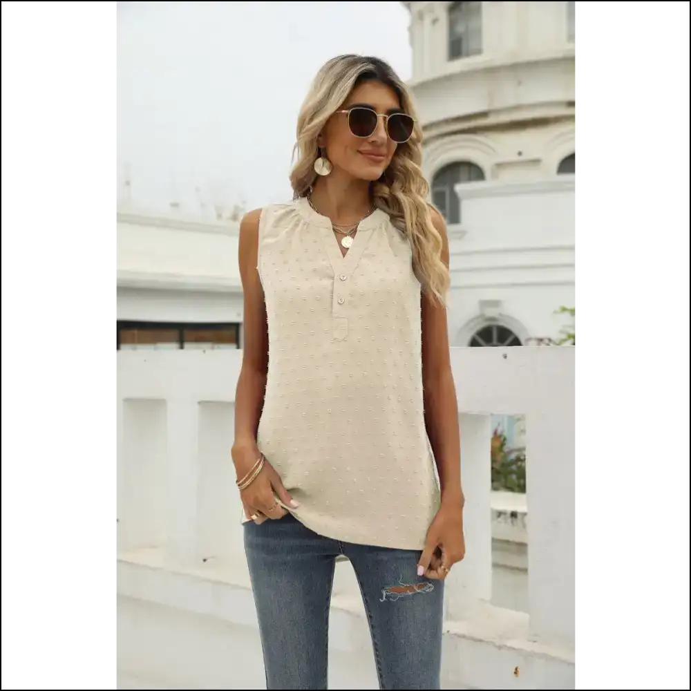 Chic Swiss Dot Notched Neck Tank Top - Cream / l - Tops on Sale Worldwide Shipping