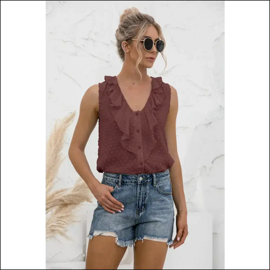 Chic Swiss Dot Ruffled Wide Strap Tank - Brown / s - Tops on Sale Worldwide Shipping