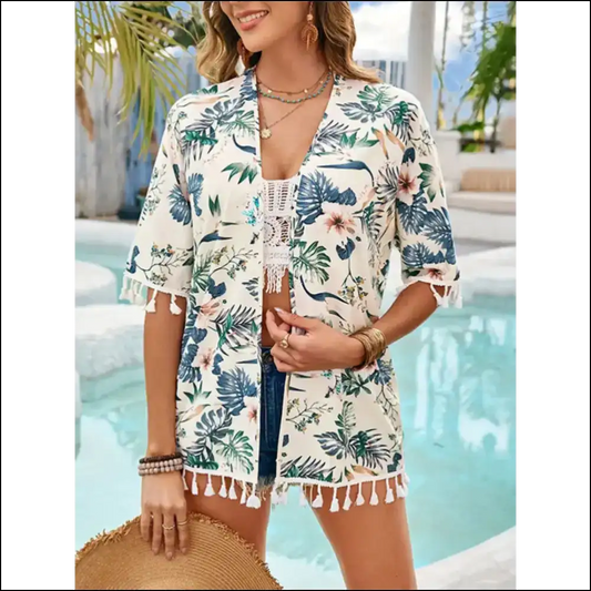 Chic Tassel Printed Open Front Half Sleeve Cover-up - Yellow / s - Cover-ups Swimwear on Sale Worldwide Shipping