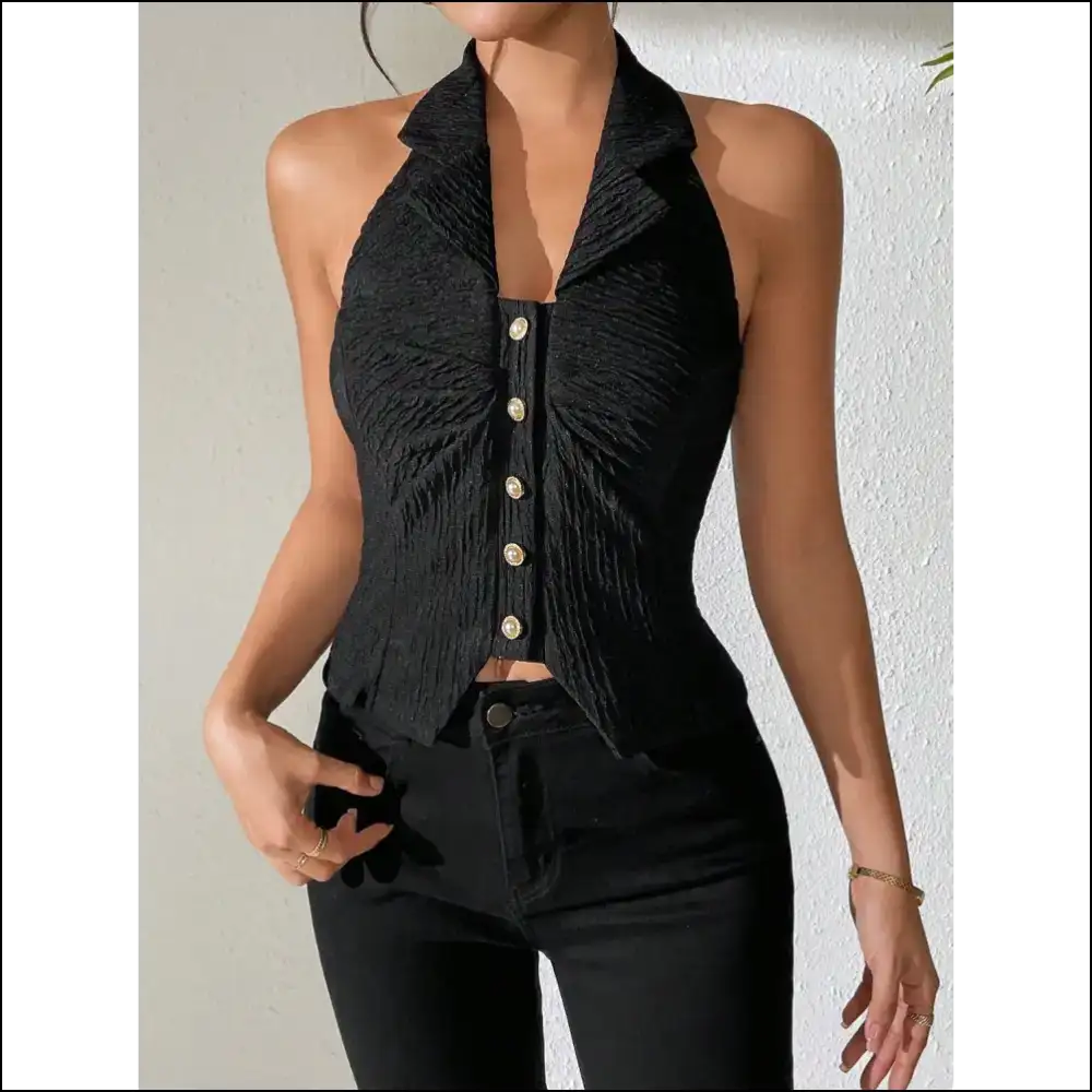 Chic Texture Ruched Halter Top - Black / s - Tank Tops on Sale Worldwide Shipping