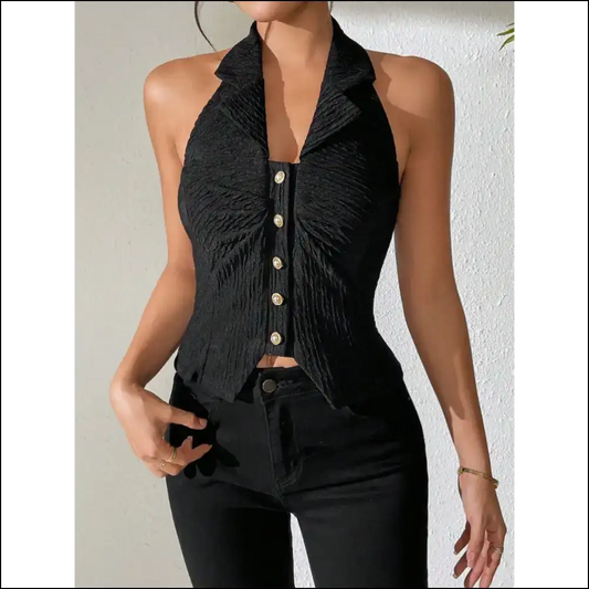 Chic Texture Ruched Halter Top - Black / s - Tank Tops on Sale Worldwide Shipping