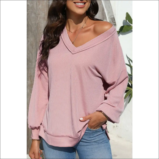 Chic Texture V-neck Long Sleeve Sweatshirt - Dusty Pink / l - Sweatshirts & Hoodies on Sale Worldwide Shipping
