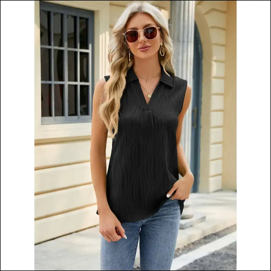 Chic Textured Johnny Collar Tank - Black / s - Tops on Sale Worldwide Shipping