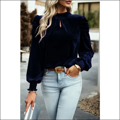 Chic Tie Up Mock Neck Velvet Blouse - Blouses on Sale Worldwide Shipping