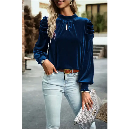 Chic Tie Up Mock Neck Velvet Blouse - Blouses on Sale Worldwide Shipping