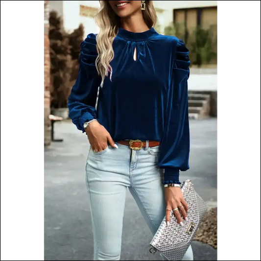 Chic Tie Up Mock Neck Velvet Blouse - Blouses on Sale Worldwide Shipping