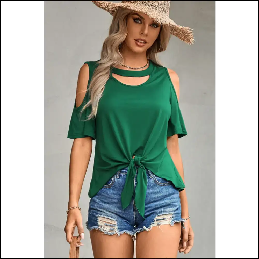 Chic Tied Cutout Cold-shoulder Top - Green / m - Blouses on Sale Worldwide Shipping