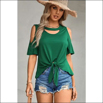 Chic Tied Cutout Cold-shoulder Top - Green / m - Blouses on Sale Worldwide Shipping
