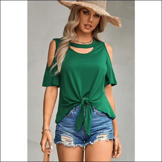 Chic Tied Cutout Cold-shoulder Top - Green / m - Blouses on Sale Worldwide Shipping