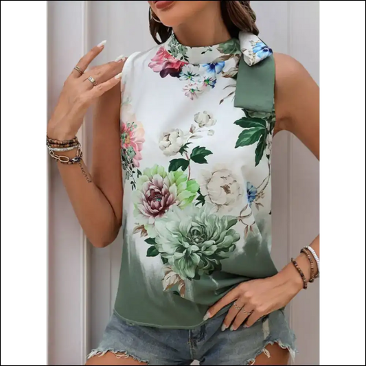 Chic Tied Flower Printed Mock Neck Top - Gum Leaf / s - Tank Tops on Sale Worldwide Shipping
