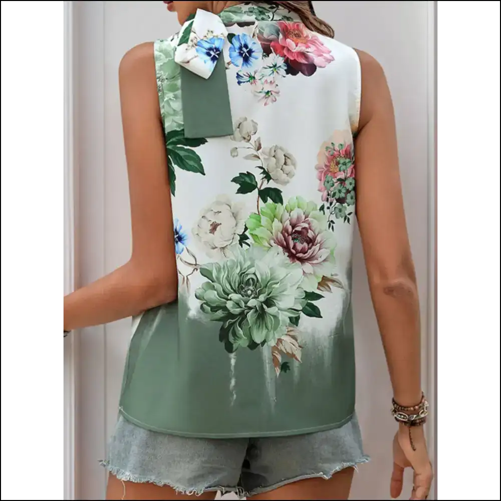 Chic Tied Flower Printed Mock Neck Top - Tank Tops on Sale Worldwide Shipping