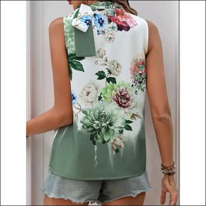 Chic Tied Flower Printed Mock Neck Top - Tank Tops on Sale Worldwide Shipping