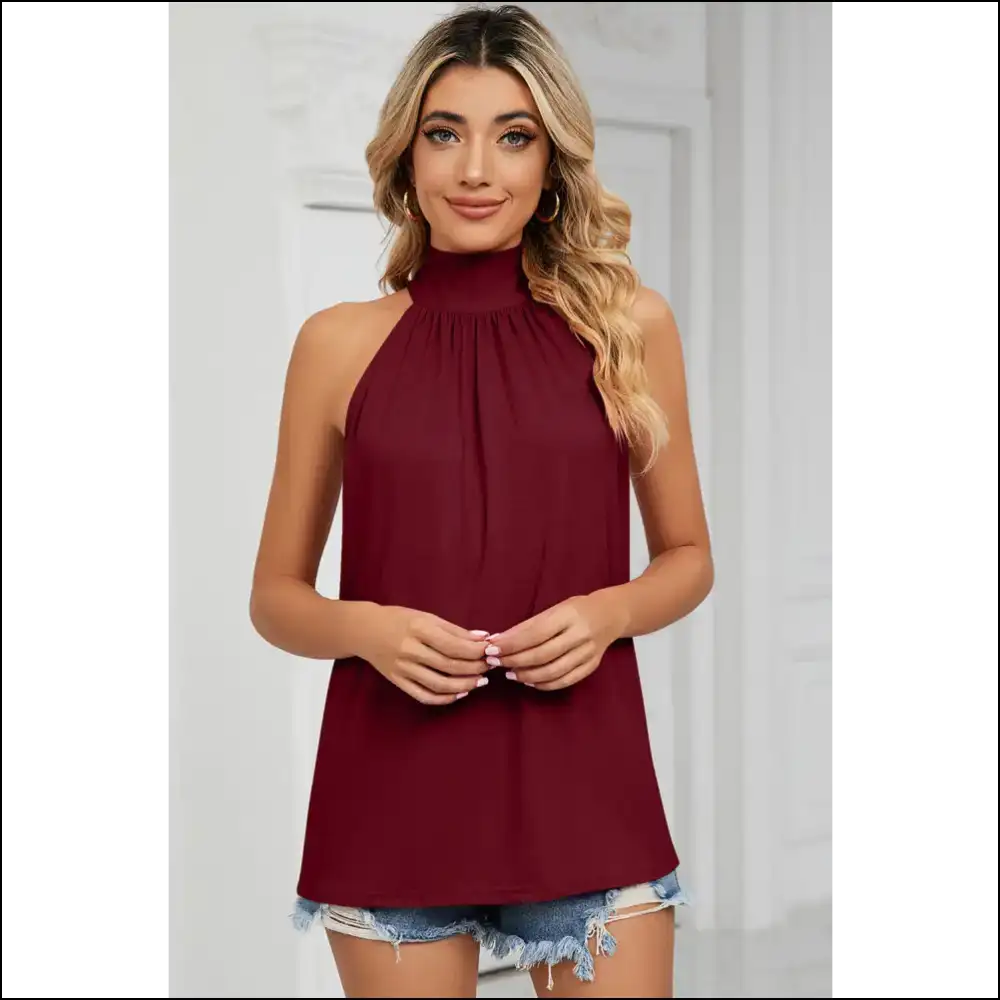 Chic Tied Grecian Neck Tank - Burgundy / l - Tops on Sale Worldwide Shipping