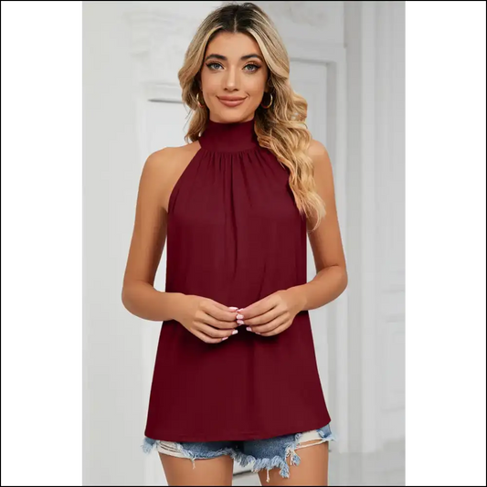 Chic Tied Grecian Neck Tank - Burgundy / l - Tops on Sale Worldwide Shipping
