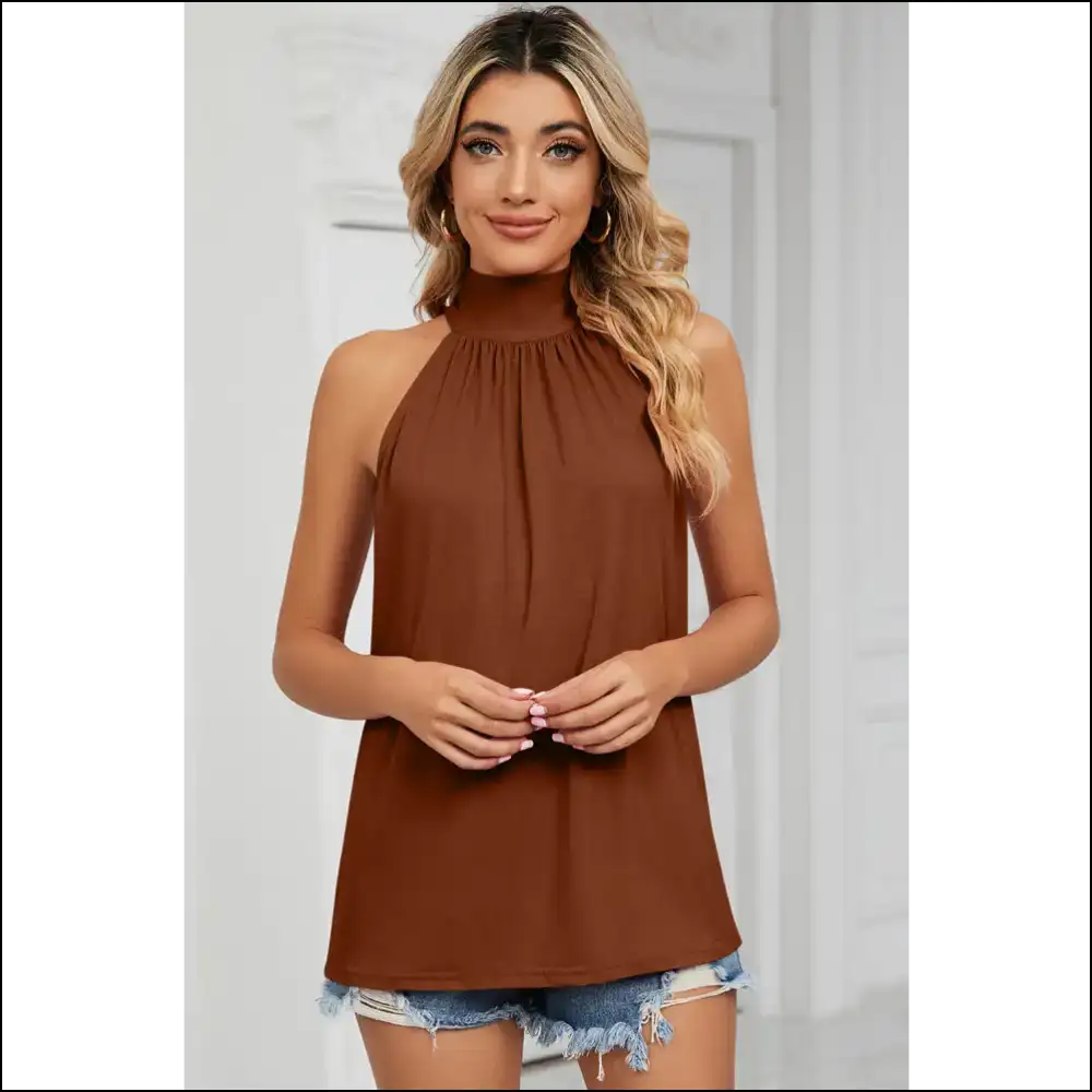Chic Tied Grecian Neck Tank - Caramel / Xl - Tops on Sale Worldwide Shipping