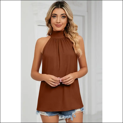 Chic Tied Grecian Neck Tank - Caramel / Xl - Tops on Sale Worldwide Shipping