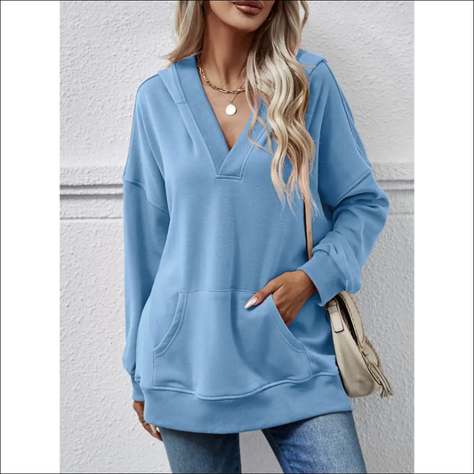 Chic V-neck Drop Shoulder Long Sleeve Hoodie - Blue / l - Sweatshirts & Hoodies on Sale Worldwide Shipping