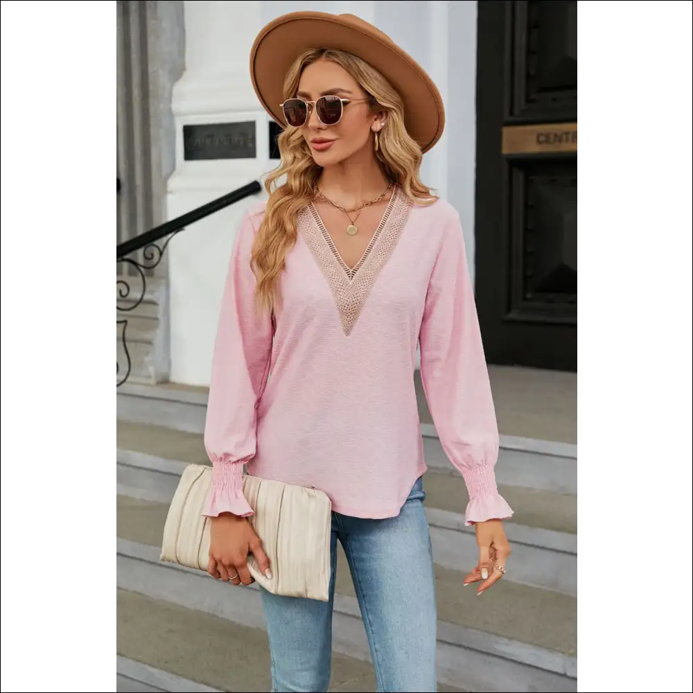 Chic V-neck Flounce Sleeve Blouse - Blush Pink / l - Blouses on Sale Worldwide Shipping
