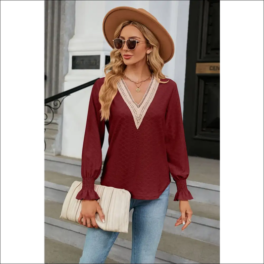 Chic V-neck Flounce Sleeve Blouse - Burgundy / Xl - Blouses on Sale Worldwide Shipping