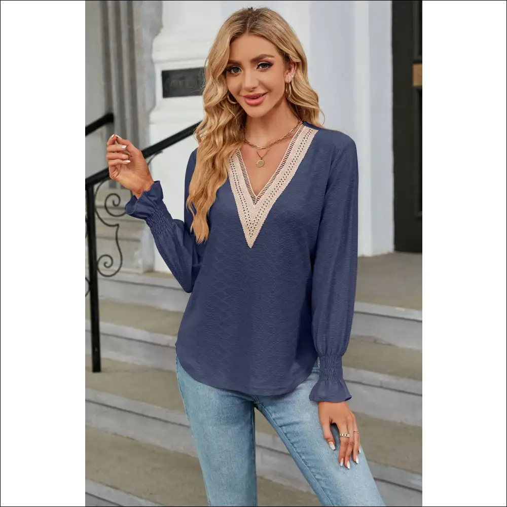 Chic V-neck Flounce Sleeve Blouse - Dark Blue / m - Blouses on Sale Worldwide Shipping