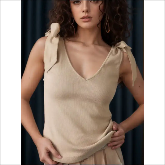 Chic V-neck Tie Shoulder Tank - Tan / s - Tops on Sale Worldwide Shipping