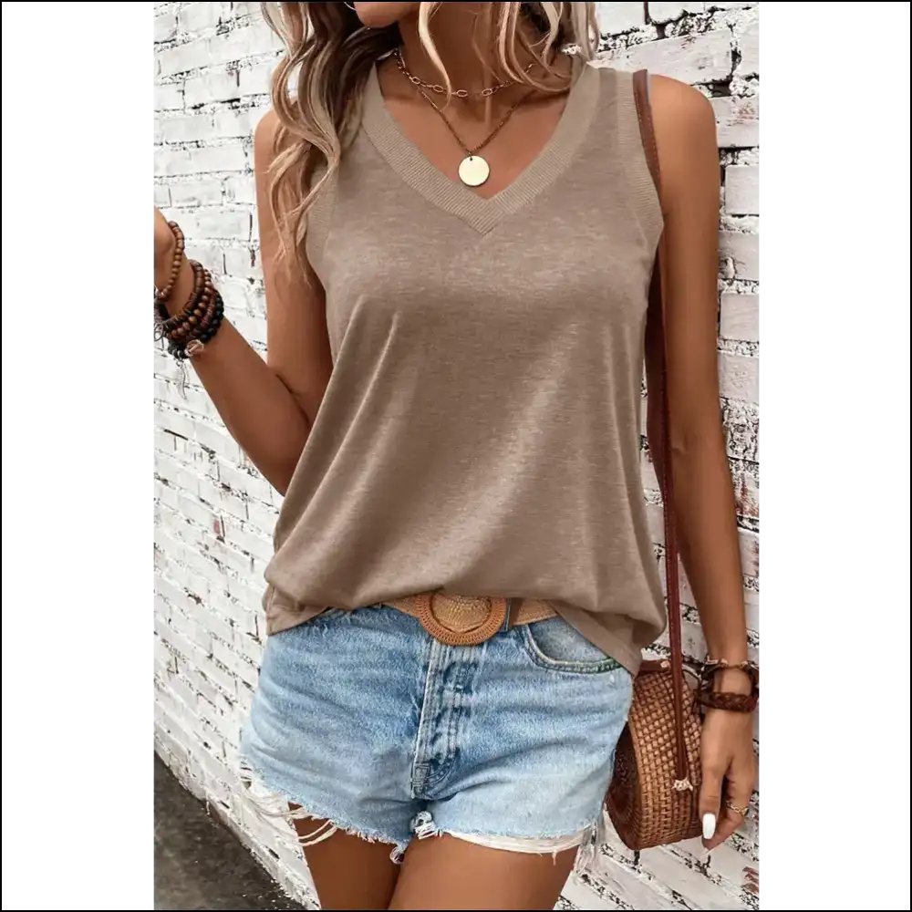 Chic V-neck Wide Strap Tank - Effortless Elegance - Khaki / s - Tops on Sale Worldwide Shipping