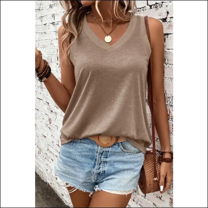 Chic V-neck Wide Strap Tank - Effortless Elegance - Khaki / s - Tops on Sale Worldwide Shipping