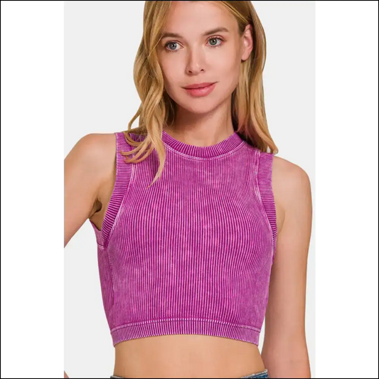 Chic Washed Ribbed Seamless Crop Tank with Bra Pad - Mauve / S/m - Tops on Sale Worldwide Shipping